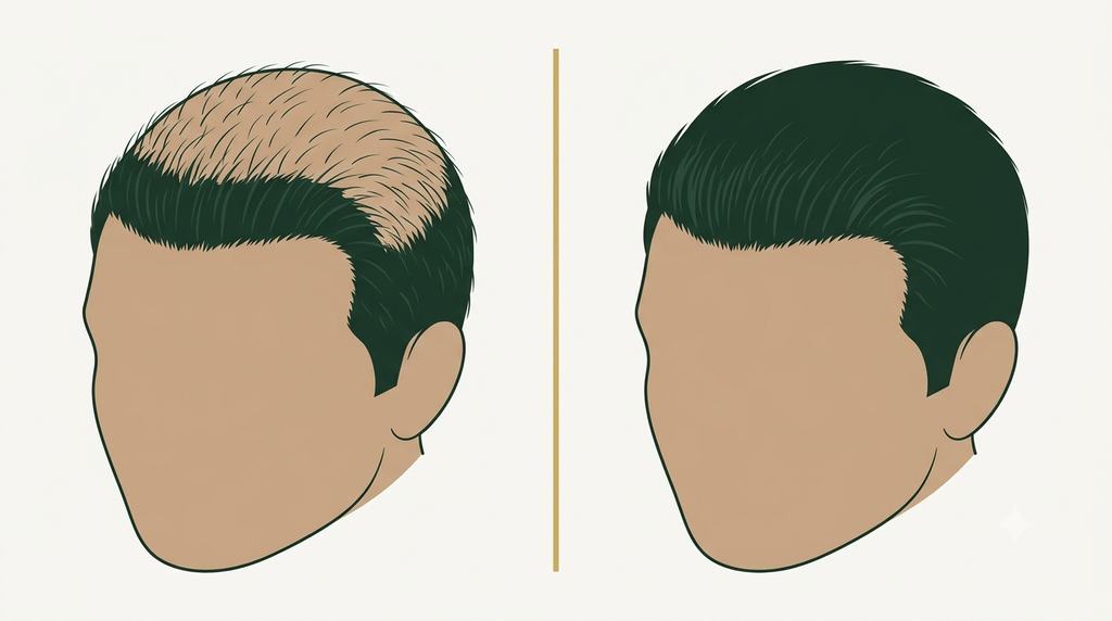 Diagram showing why a hair transplant done too early leaves an isolated strip of hair