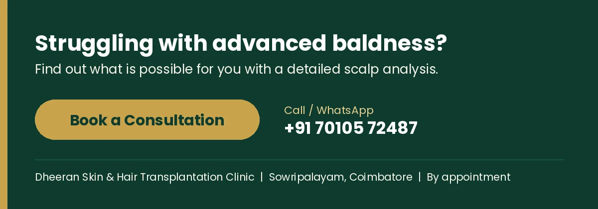 Book a hair transplant consultation at Dheeran Clinic Coimbatore