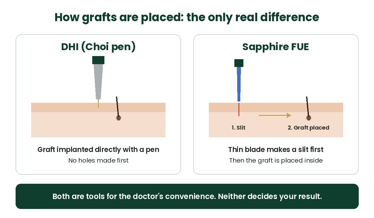 Difference between DHI pen and Sapphire FUE graft placement